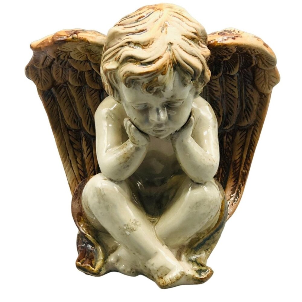 vintage thinking angel figurine statue wings porcelain brown 8" tall READ